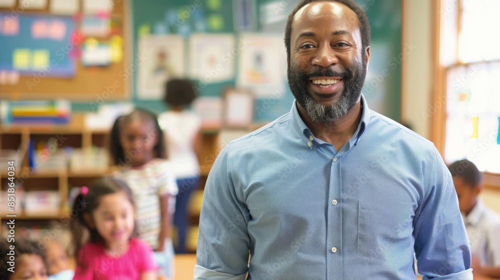 A smiling male teacher stands in front of his classroom, with students in the background A smiling male teacher stands in front of his classroom, with students in the background