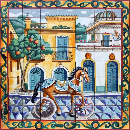 Sicilian ceramic style tile, featuring decorative flourishes with floral elements.