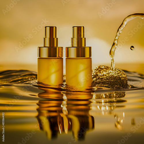 Golden unbranded samples of skin care product, bottle mock-ups or perfum in a golden bottle with background. Skin care product presentantion. Beauty spa medical skincare . 3d render. Copyspace photo