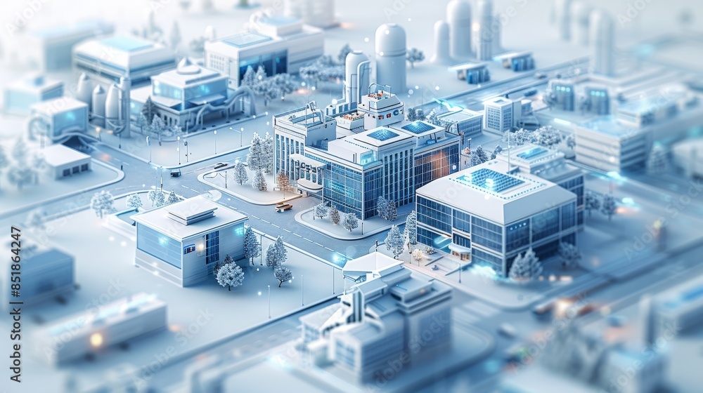 Future industrial city, with urban building roads as the main body, interleaved with blue building, a few house, surrounded by white space, futuristic sense, technology, isometric, 3D. Generative AI. Future industrial city, with urban building roads as the main body, interleaved with blue building, a few house, surrounded by white space, futuristic sense, technology, isometric, 3D. Generative AI.