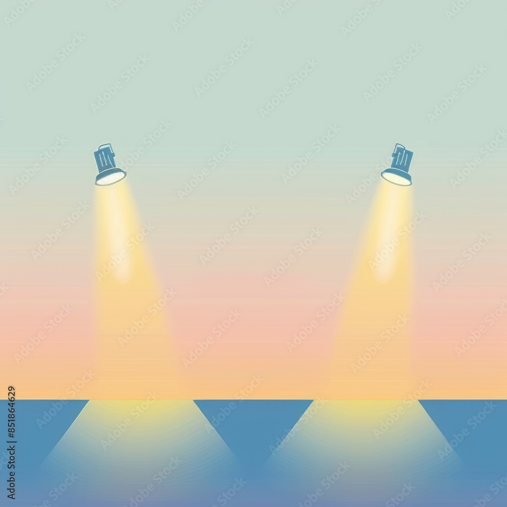 Flat illustration of two spotlights shining on an empty stage against a yellow and light blue gradient background with soft lighting from a low angle view Flat illustration of two spotlights shining on an empty stage against a yellow and light blue gradient background with soft lighting from a low angle view