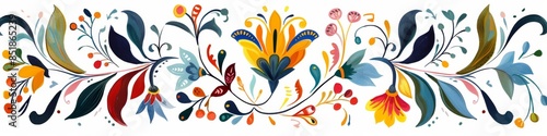 folk vintage embroidery floral border banner on white background