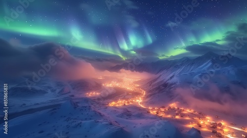 Wallpaper Mural City lights with beautiful aurora northern lights in night sky with snow forest in winter. Torontodigital.ca