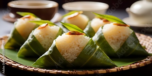 Zongzi rice dumplings in a closeup view on a green table, symbolizing the Dragon Boat Festival. Concept Food Photography, Cultural Celebration, Dragon Boat Festival, Traditional Dish photo