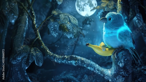 An enchanted forest at night where a luminescent blue bird, radiating a soft blue glow, clutches a banana while sitting on a shimmering silver tree under the gentle light of a full moon. photo