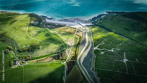 Fotografie Aerial view of Seven sisters cliffs and Ocean, on a sunny day, a famous tourist