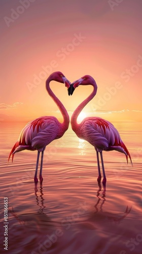 Flamingo Love: Romantic Sunset Scene with Heart-Shaped Neck Formation in Shallow Water © Naraksad
