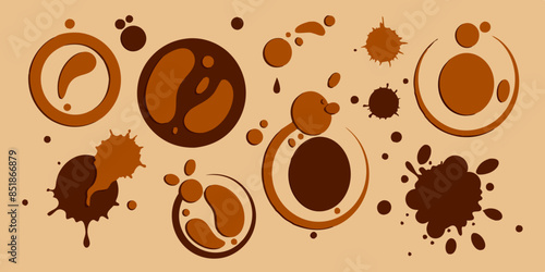 Coffee stains of different sizes and intensities are scattered on a beige background, from circular rings left by a coffee cup to smaller drops and splashes.AI generated.