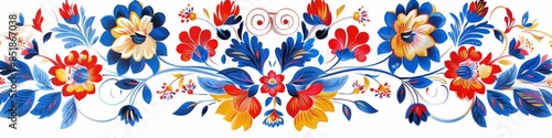 folk vintage embroidery floral border banner on white background