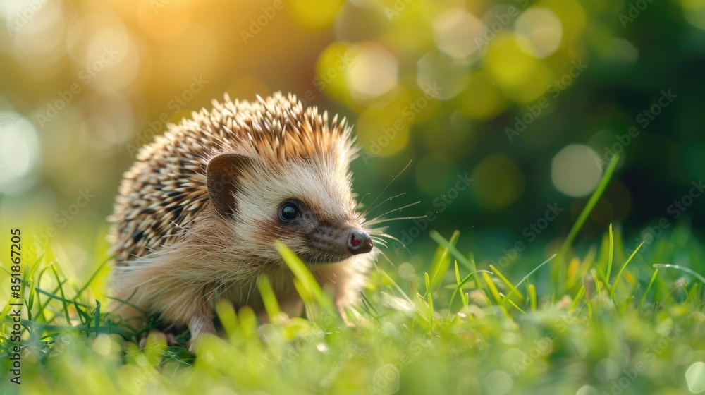 A small hedgehog walking through a lush green grass, great for nature and wildlife scenes A small hedgehog walking through a lush green grass, great for nature and wildlife scenes