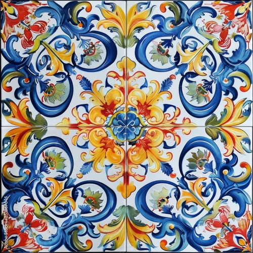 Sicilian ceramic style tile, featuring decorative flourishes with floral elements.
