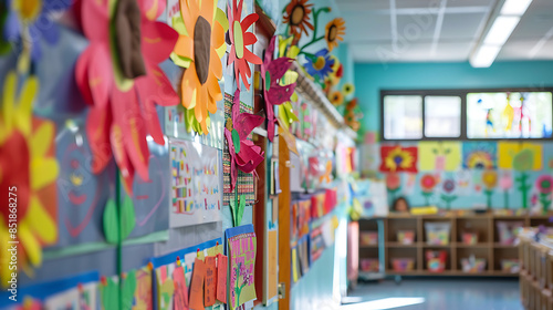 Teacher's Classroom Wall: Decorated with educational posters, student artwork, and a whiteboard with lesson plans © Iqra Iltaf