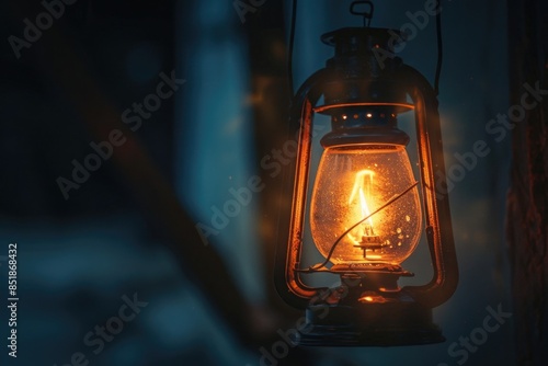 A vintage-style lantern lit by a candle, shining brightly in the dark © Fotograf