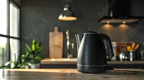 A simple kitchen scene with a black kettle resting on a wooden table