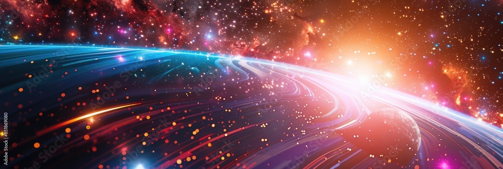 Obraz premium Digital space exploration theme displayed on a wide banner hologram. Wide banner hologram