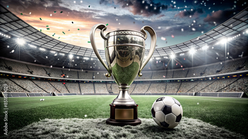 The winner's cup and a soccer ball on the green lawn of the stadium