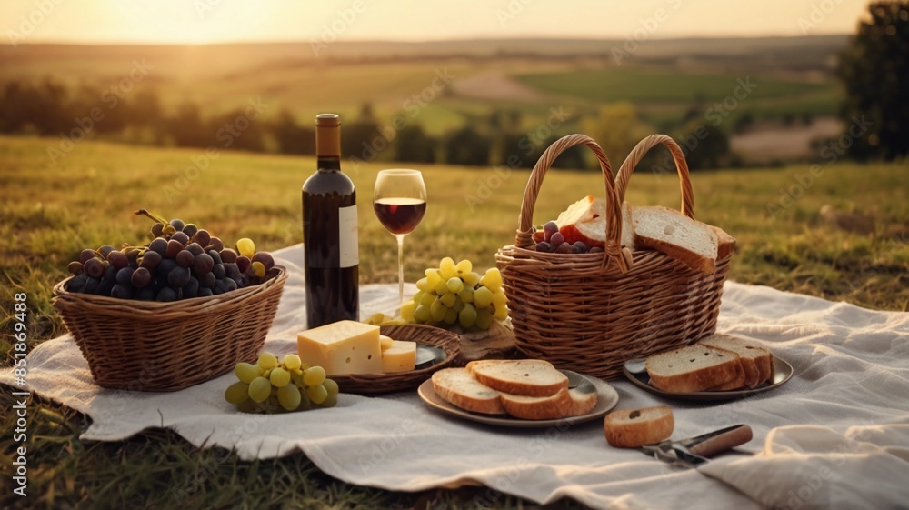 picnic on the grass, basket of wine, grapes, cheese, bread, romantic atmosphere.. at sunset picnic on the grass, basket of wine, grapes, cheese, bread, romantic atmosphere.. at sunset