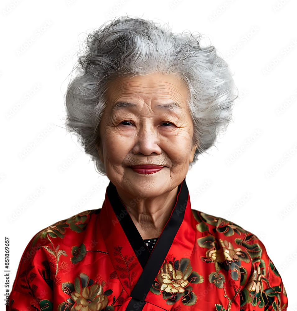Old korean woman smiling and gesturing on isolated transparent background Old korean woman smiling and gesturing on isolated transparent background