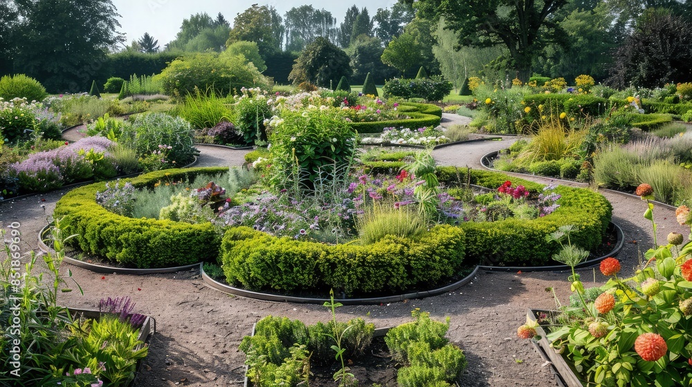 Fototapeta premium An ornamental garden being planted with exotic flowers and shrubs, each species selected for its aesthetic appeal and compatibility with the local climate.