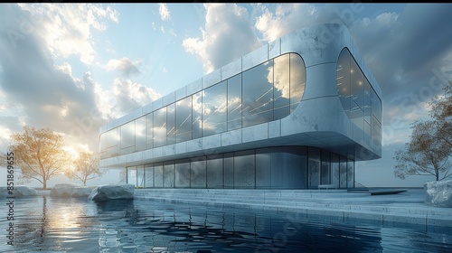 Museum, Retro-futurism, Composite materials facade includes glass and stone. Generative AI. photo