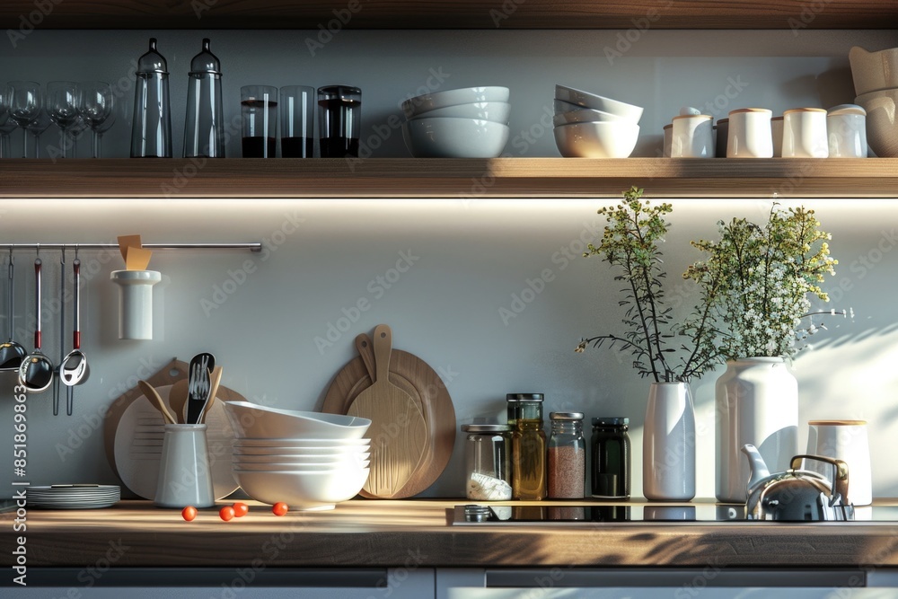 A shot of a typical kitchen counter with various dishes, glasses, and utensils arranged neatly A shot of a typical kitchen counter with various dishes, glasses, and utensils arranged neatly