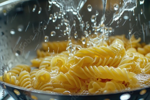 A pan filled with pasta sitting on top of a stove, perfect for cooking or serving