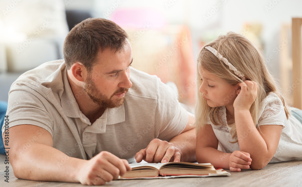Reading, book and father with kid on floor for relaxing, bonding and language development. Love, knowledge and dad with girl child enjoying fantasy story, novel or literature in living room at home. Reading, book and father with kid on floor for relaxing, bonding and language development. Love, knowledge and dad with girl child enjoying fantasy story, novel or literature in living room at home.