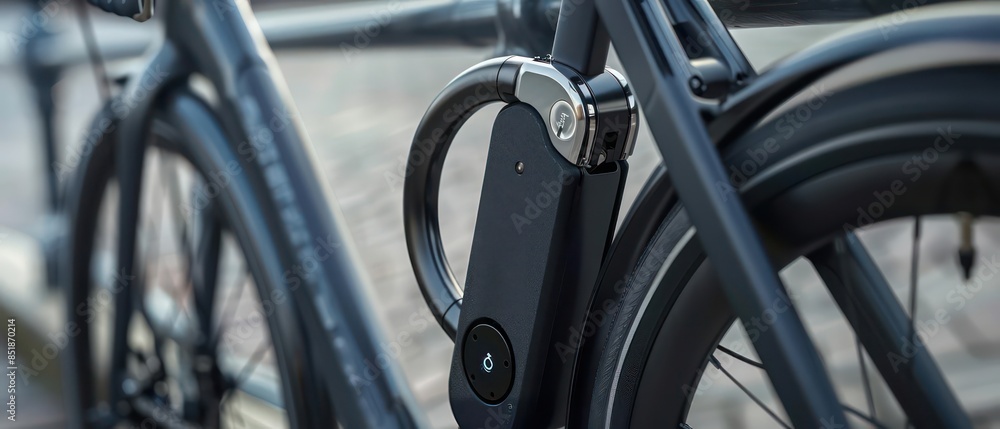 An advanced, compact bike lock with fingerprint recognition and GPS tracking, blending seamlessly with the frame An advanced, compact bike lock with fingerprint recognition and GPS tracking, blending seamlessly with the frame