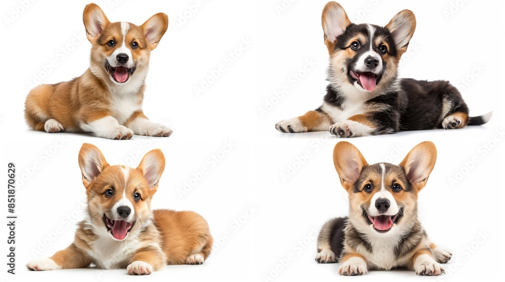 Four adorable corgi puppies in various playful poses, radiating joy and mischief. Four adorable corgi puppies in various playful poses, radiating joy and mischief.