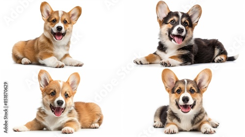 Four adorable corgi puppies in various playful poses, radiating joy and mischief.