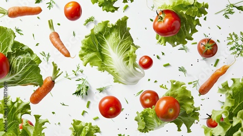 Vibrant Fresh Vegetables Hovering in Air - Colorful Carrots, Tomatoes, Lettuce Closeup on White Background, High Resolution Produce Photography with Studio Lighting