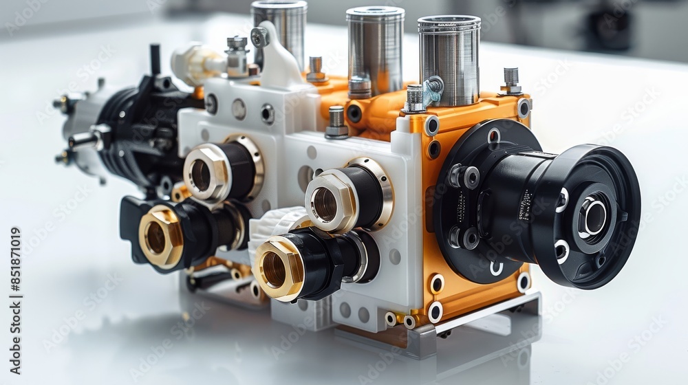 ABS hydraulic unit on white background. Generative AI. ABS hydraulic unit on white background. Generative AI.