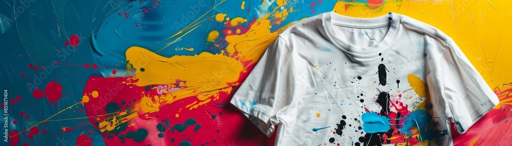 Naklejka premium White t-shirt with colorful splatter design on a vibrant painted background, ideal for showcasing artistic and creative apparel.