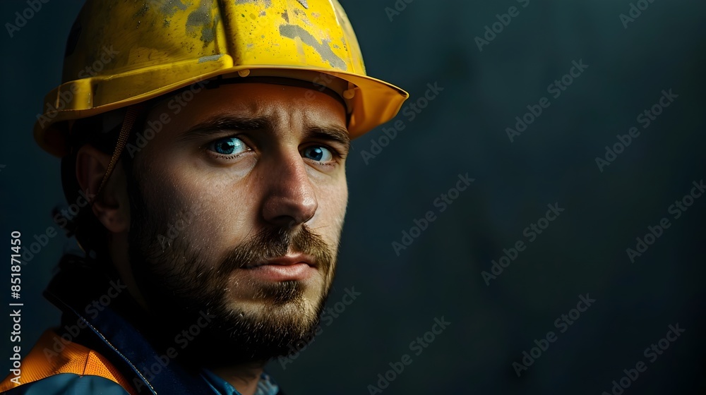 Fototapeta premium Pensive construction worker in hardhat with solemn expression dark moody tone