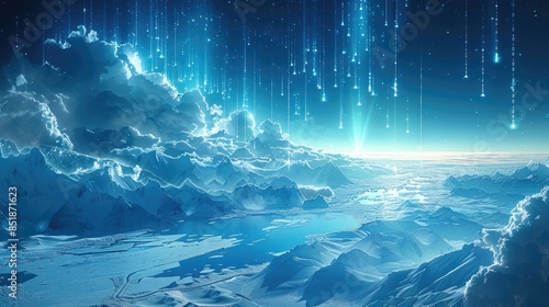 Wallpaper Mural A futuristic landscape consisting of programming code, northern lights, snow, ice floes, north pole, blue background. Generative AI. Torontodigital.ca