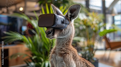 Playful kangaroo exploring a virtual world with VR headset, set in a modern and stylish indoor environment. photo