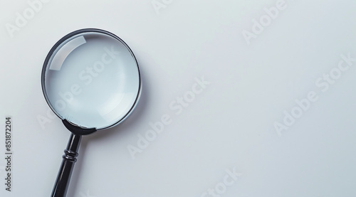 A photo of a magnifying glass on a white background, in a close up shot. A web banner with empty space to the right, in the style of copyspace.