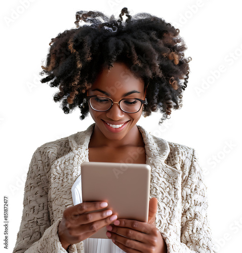 Wallpaper Mural Smiling businesswoman using a digital tablet on isolated transparent background Torontodigital.ca