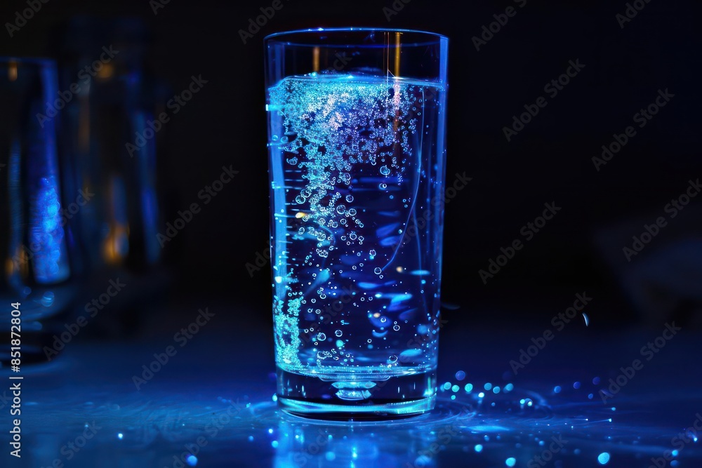 Hightech cyber drink infused with nanotechnology, creating a mesmerizing light show
