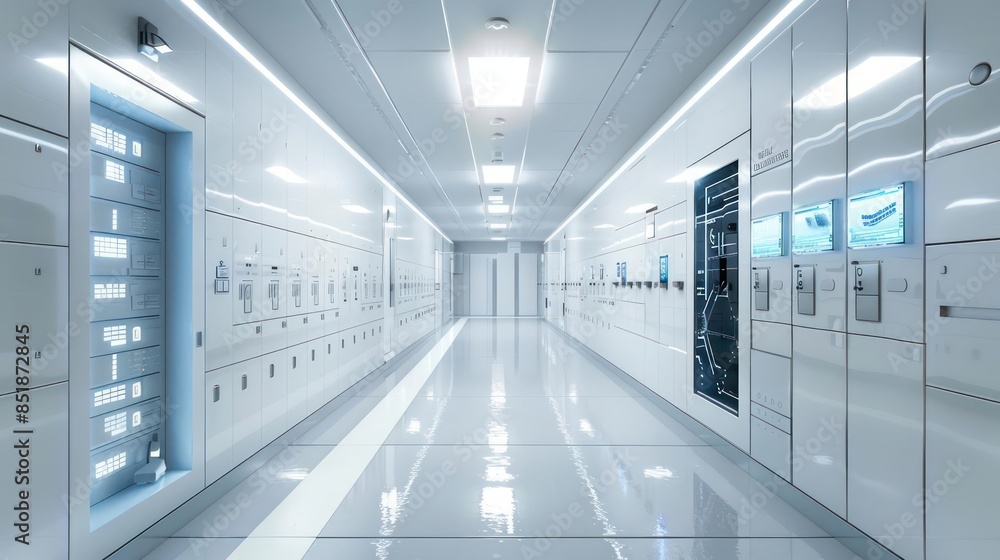 Hightech lockers with biometric security and digital displays in a futuristic school corridor Hightech lockers with biometric security and digital displays in a futuristic school corridor