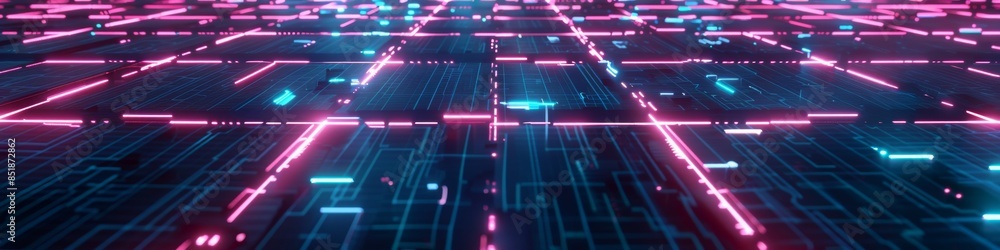 Fragmented grid pattern with broken connections on a dark background, illuminated by scattered neon lights for a modern tech aesthetic Fragmented grid pattern with broken connections on a dark background, illuminated by scattered neon lights for a modern tech aesthetic
