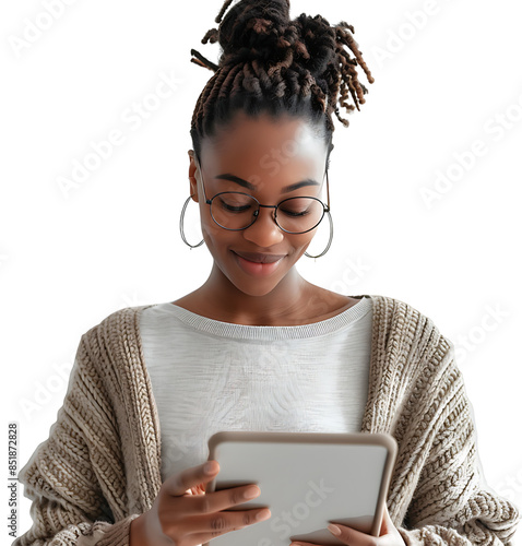 Smiling businesswoman using a digital tablet on isolated transparent background photo