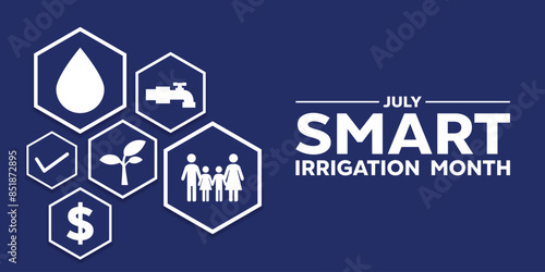 National Smart Irrigation Month. Great for cards, banners, posters, social media and more. Dark blue background. 