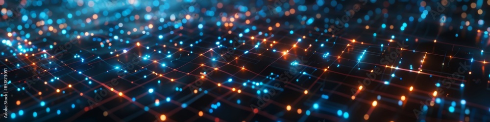 Fototapeta premium Dark tech background with fragmented grid connections, illuminated by neon highlights, emphasizing the chaotic