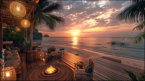 Fototapeta Naklejka Na Ścianę i Meble -  Chic beachfront cafe with hardwood floors, inviting outdoor seating, and a fire pit that overlooks the ocean during sunset. The atmosphere is enriched with tropical palm trees. Generative AI.