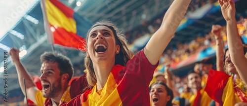 A woman is holding a red and white flag and smiling