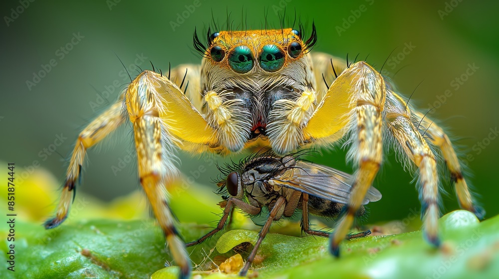 Fototapeta premium A vibrant jumping spider triumphantly captures a fly on a dew-covered leaf