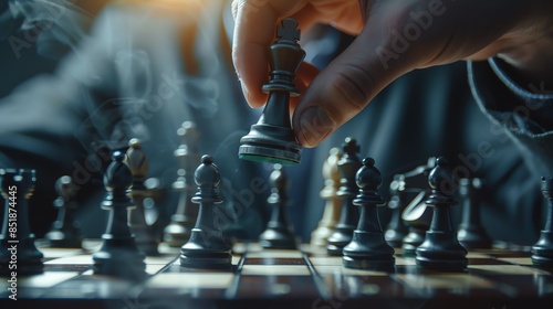 Players hand toppling the opponents king in a triumphant chess match macro shot, highcontrast light, highlighting the moment of victory photo