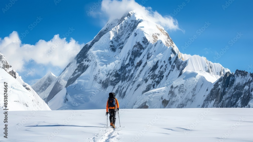 Solo Climber Ascending a Snowy Mountain Peak in the Himalayas Solo Climber Ascending a Snowy Mountain Peak in the Himalayas
