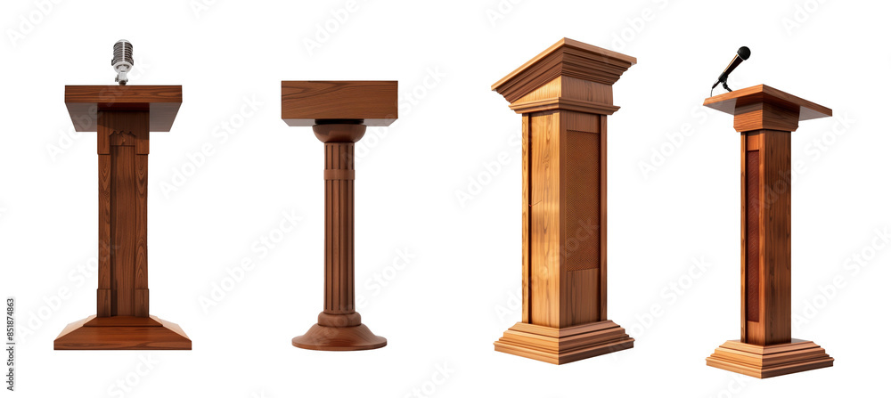 brown wood speech stand and microphone - Podium set - lectern collection - various shapes and angles - isolated transparent PNG. Modern and antique. brown wood speech stand and microphone - Podium set - lectern collection - various shapes and angles - isolated transparent PNG. Modern and antique.